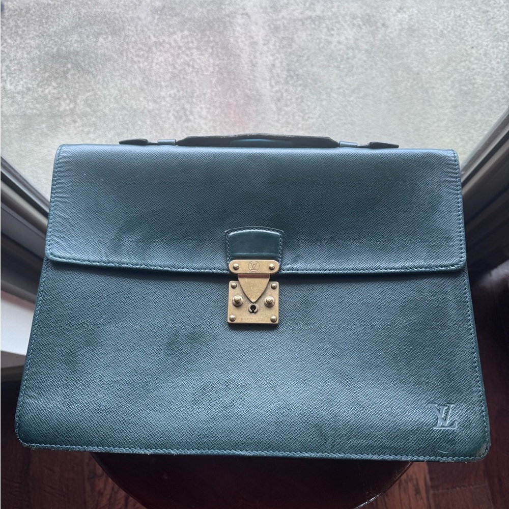 Louis Vuitton Green Leather Briefcase with Gold-Tone Clasp